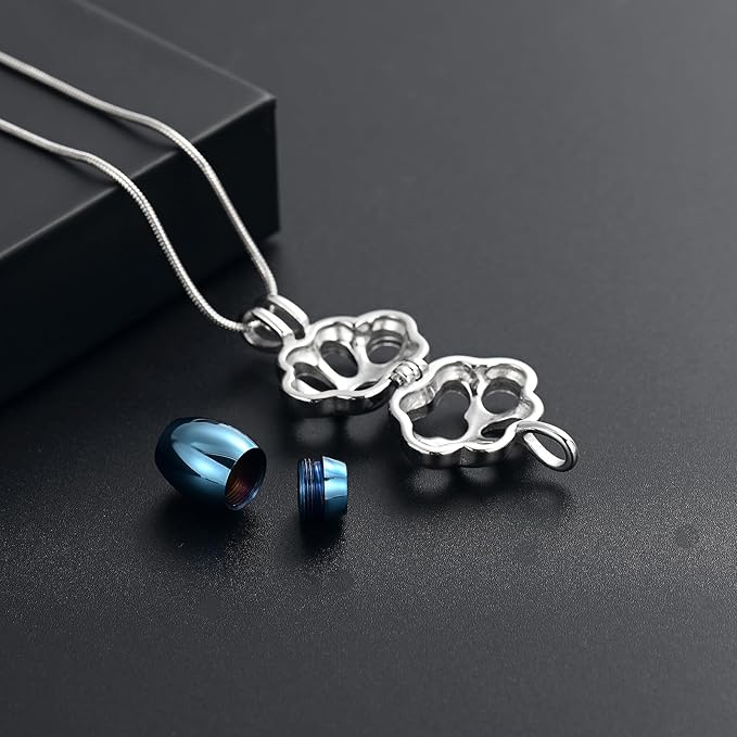 Pet Cremation Jewelry for Ashes Paw Memorial Locket Urn Necklace Keepsake Cremation Jewelry for Dog/Cat (Silver-Blue)