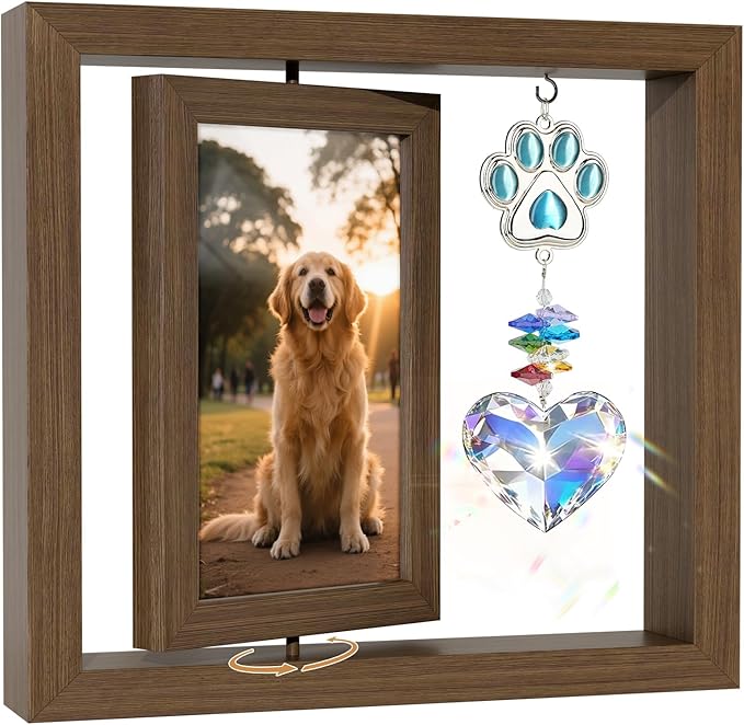 Dog Memorial Gifts for Loss of Dogs, Dog Memorial Picture Frame, 4x6 Photo Rotating Wooden Frame, Loss of Dogs Sympathy Gift with Paw & Heart Pendant