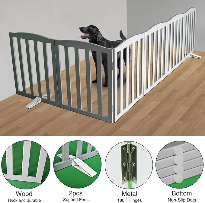 Freestanding Dog Gate Indoor,Doggie Gate Foldable Pet Gates for Doorways,Stairs or Hallways, Wooden Grey Pet Gate for the House, Pet Fence with Support Feet Included,24 "Height-6 Panels