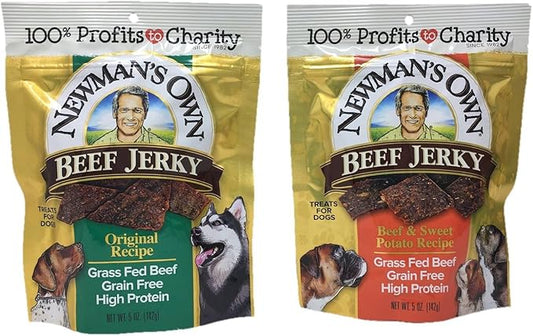 Newman's Own Beef Jerky Treats for Dogs, Bundle of 2 Flavors, Original Recipe and Beef & Sweet Potato Recipe, 5oz each