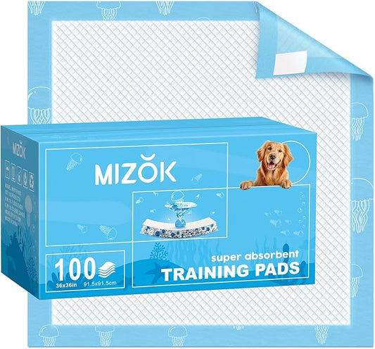 MIZOK Dog Pee Pads 36x36in Jumbo Dog Pads Super Absorbent Up to 11 Cups Marine Scented Odor-Control Pee Pads with Jellyfish Pattern, Quick Dry & Leak-Proof (100 Counts)