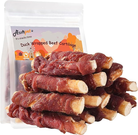 ASMPET 10.6oz Dog Treats Bones, Duck Wrapped Beef Cartilage, Rawhide Free & Grain Free Dog Snacks