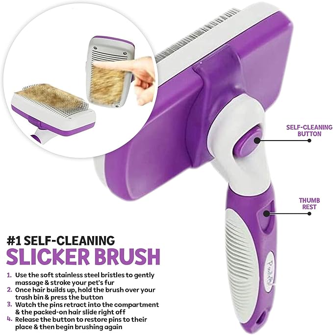 POODLIE Dog Grooming Brush, Self Cleaning Slicker Brush for Dogs and Cats - Removes Tangles, Loose Hair - Poodles, Pomeranians, Yorkies, Soft Pins - Purple