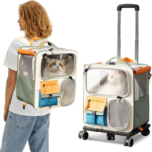 2-in-1 Wheeled Pet Carrier Backpack,Breathable Pet Carrier with Wheels,Collapsible Dog Backpack Carrier with Removable Mat,Dog Stroller Travel Carrier with Mesh Ventilation Windows