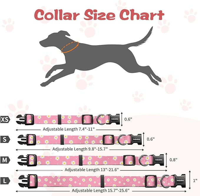 Kazazoo Dog Collar Cute and Soft Nylon Puppy Collar Girl, Adjustable Dog Collars for Medium Large Dogs, Pink Daisy-L