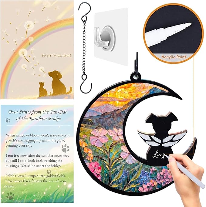 Dog Angel Memorial Suncatcher with Rainbow Bridge Poem Card, Pet Sympathy Gifts for Loss of Dogs and Cats, Phlox