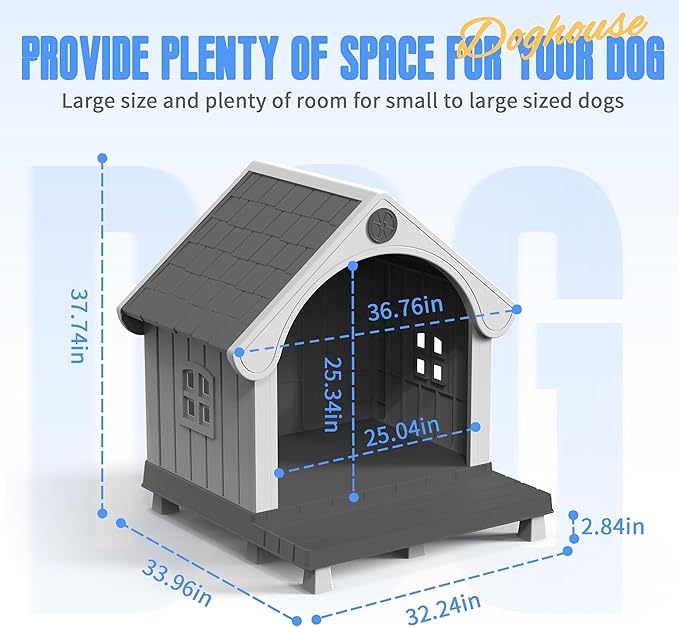 DRATO Large Dog House Outdoor Indoor, Sturdy Plastic Waterproof Doghouse with Air Vents and Elevated Floor, Easy Clean & Assemble for Medium Large Dogs (Black, 33" L×31.5" W×38" H)