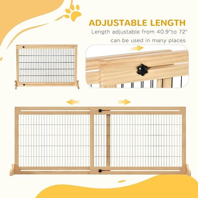 PawHut 72" W x 27" H Extra Wide Freestanding Pet Gate with Adjustable Length Dog, Cat, Barrier for House, Doorway, Hallway, Natural