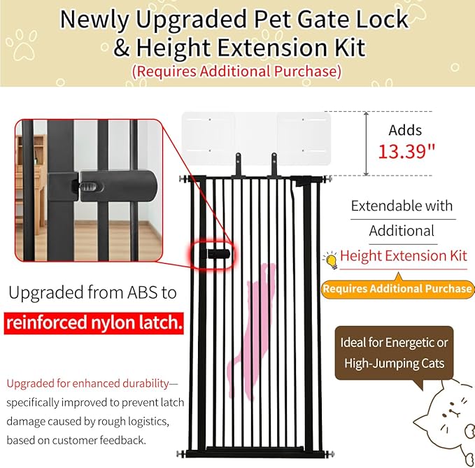 Lumizone Extra Tall Cat Gate 55.12" High Pressure Mounted Extra Wide 2025 New (17 Sizes) 1.37" Gap No Drilling Auto-Close One-Handed Operation Tall Pet Gate for Dogs(Black, 55.12" H x 29.92"-59.44" W)