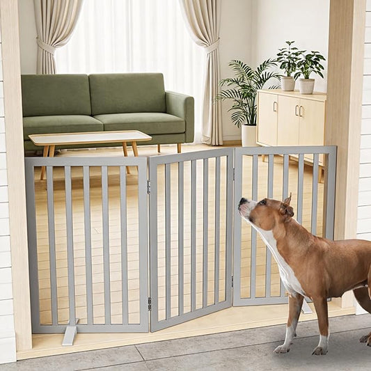 ZJSF Freestanding Indoor Dog Gate for House Foldable Wood Puppy Gate for Doorways Pet Gate for Stairs Extra Wide Pet Fence, Grey, 32" Height 3 Panels