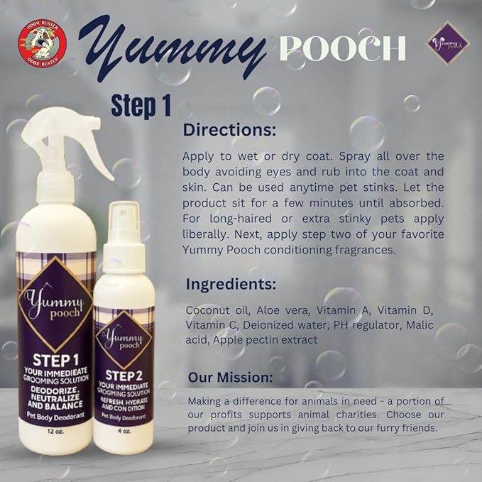 Yummy Pooch Dog Deodorant Baby Clean (Baby Powder Scent) - All-Natural 2-Step Odor Control & Coat Hydration - Includes Bandana & Travel Bag - Made in USA - 8oz and 4oz