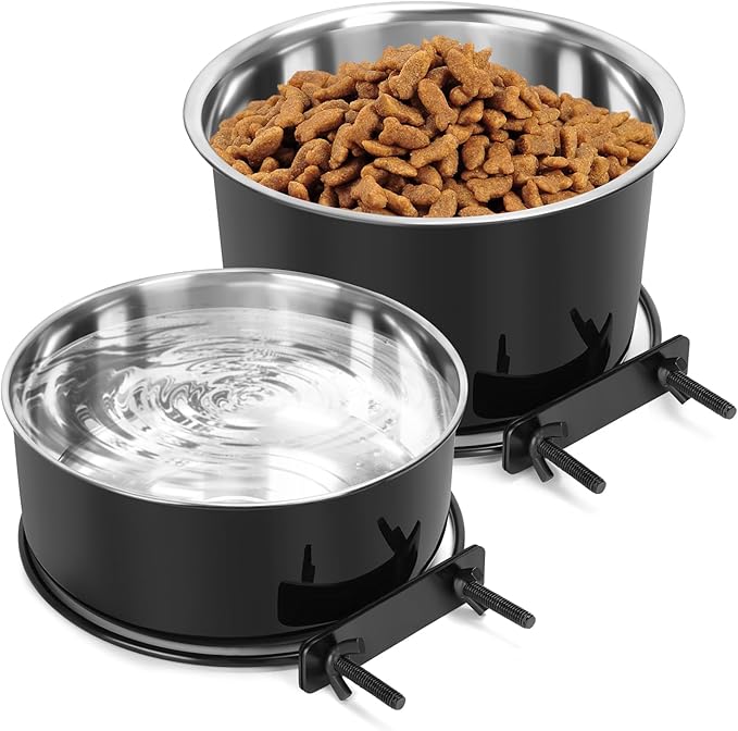 Crate Dog Bowls, Removable Stainless Steel Dog Bowl for Food and Water, Pet Kennel Hanging Food Water Feeder Bowls for Small/Medium/Large Dogs and Cats (7.1"x3.7" & 6.3"*2.6", Dark Black)