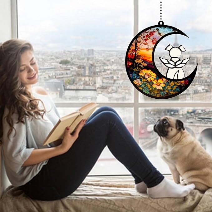 Dog Memorial Gifts for Loss of Dog Suncatcher, White Angel Dog on Sunset Moon Dog Beverage Acrylic Ornaments Decor Window Wall Sympathy Gift for Dog Lover