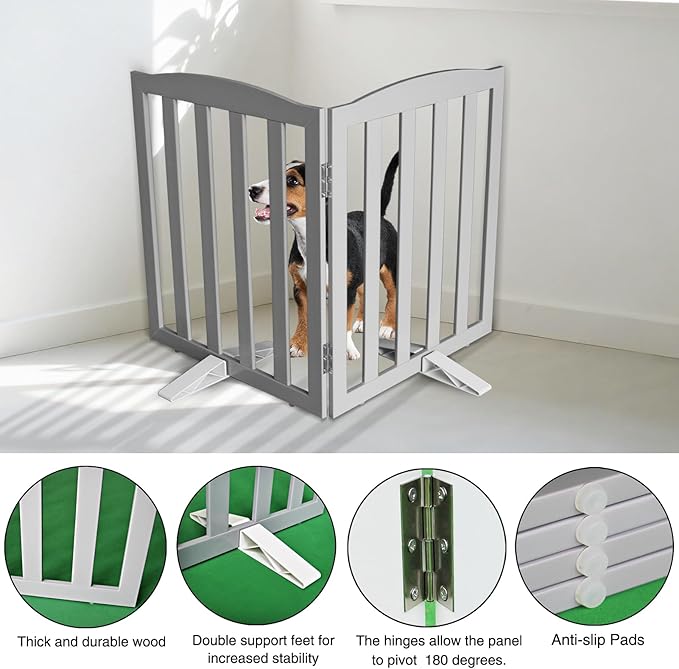 ZJSF Foldable Freestanding Indoor Dog Gate for House Wood Long Pet Gates Dog Fence for Stairs Puppy Gates for Hallways, Puppy Gate,Support Feet Included, Grey, 24 "Height-2 Panels