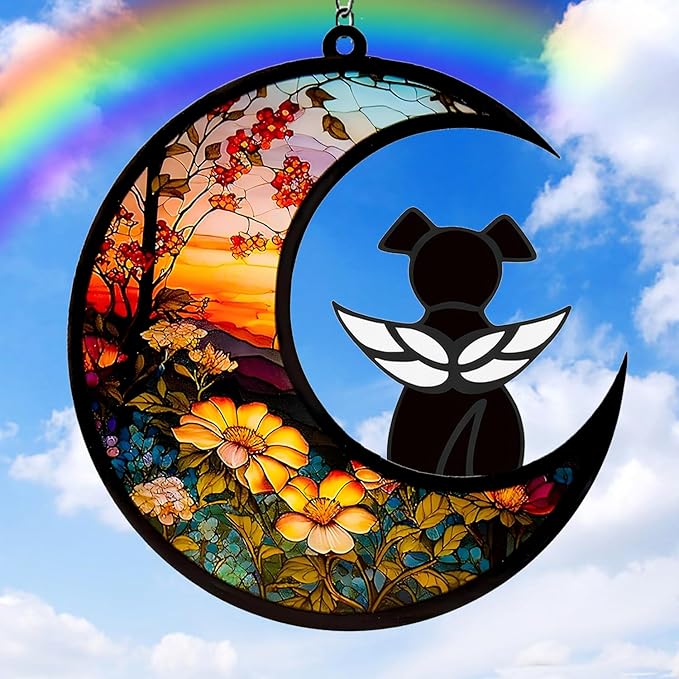 Dog Memorial Gifts for Loss of Dog Suncatcher, Black Angel Dog on Sunset Moon Dog Beverage Acrylic Ornaments Decor Window Wall Sympathy Gift for Dog Lover