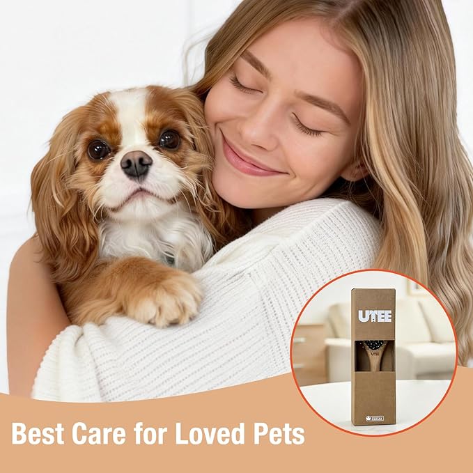 UTEE Professional Pin Brush for Long-Haired Dogs & Cats - Anti-Static Beechwood Grooming Brush with Massage Tips - Gentle De-tangling for Silky Coats & Sensitive Skin