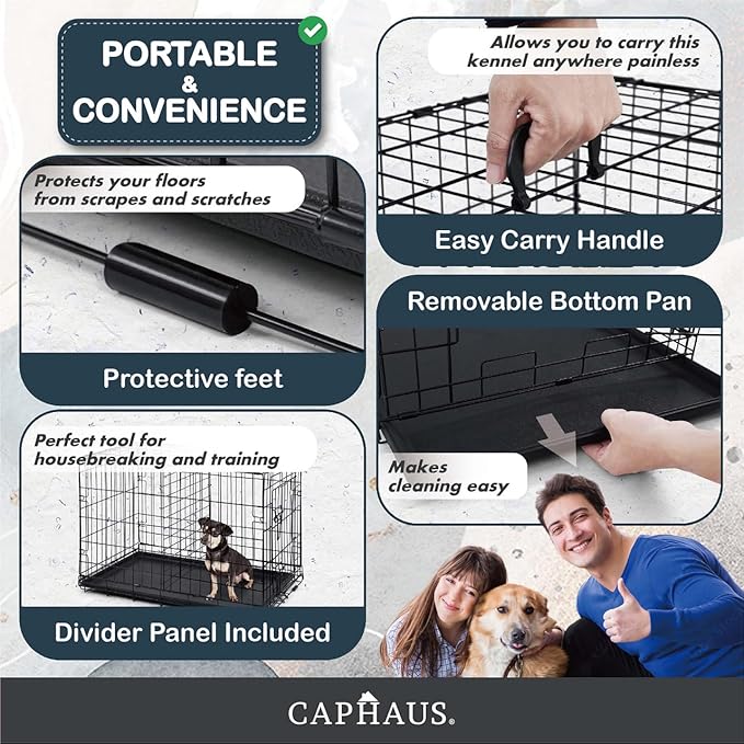 CAPHAUS Foldable Dog Crate Wire Metal Dog Kennel w/Divider Panel, Leak-Proof Pan & Protecting Feet, Single & Double Door, Small, Medium & Large Dog Crate Indoor Wire Dog Cage, 36” w/Double Doors