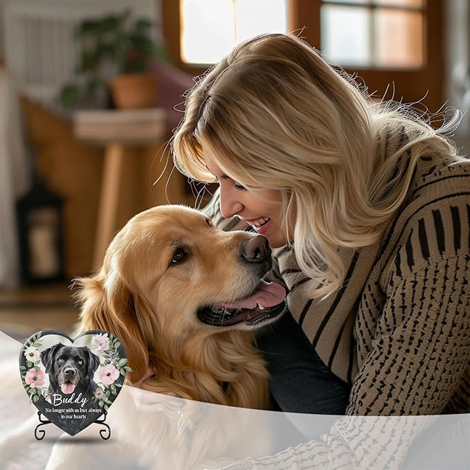 Custom Dog Memorial Stone with Photo & Name – Personalized Pet Headstone, Paw Print Keepsake Gift for Dog Loss, Outdoor Garden Slate Plaque