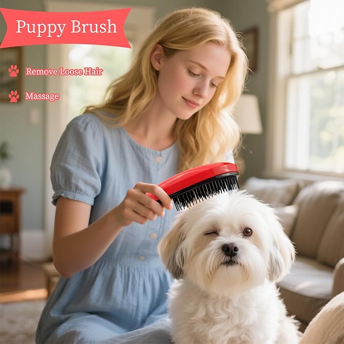 Comma-Shaped Small Dog Brush, Fit for Yorkie, Shih Tzu, Maltese Maltipoo Pomeranian - Gentle Soft Bristles for Effortless Pet Hair Removal, Puppy Essentials (Rose Red)