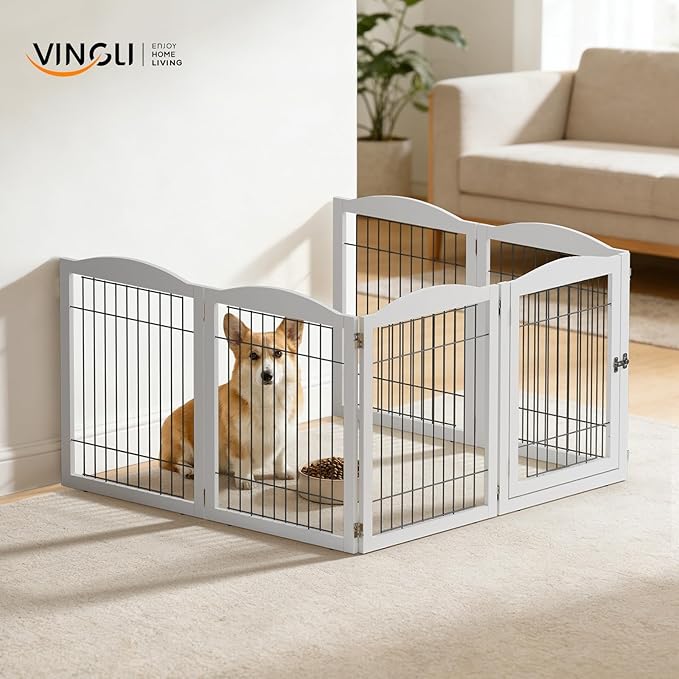 VINGLI Freestanding Dog Gate with Door, Pet Gate with Walk Through Door, Foldable Pet Safety Fence for Stairs Doorways Fireplace (30" H - 6 Panels)