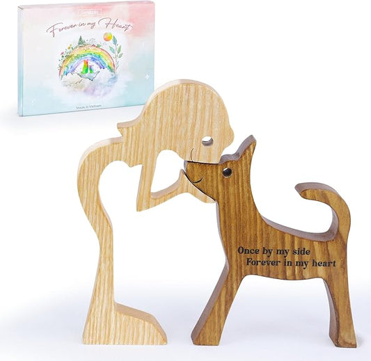 SENSUNIQ Dog Memorial Gifts, Cat Memorial Gifts, Wooden Carving Men and Dog Figura, Once by My Side Forever in My Heart - Sympathy Keepsake Dog Mom, Dog Dad for Loss of Pet (Dog and Woman)