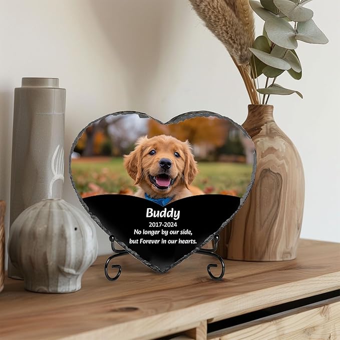 Custom Dog Memorial Stone with Photo & Name – Personalized Pet Headstone, Paw Print Keepsake Gift for Dog Loss, Outdoor Garden Slate Plaque (Heart-Shaped)