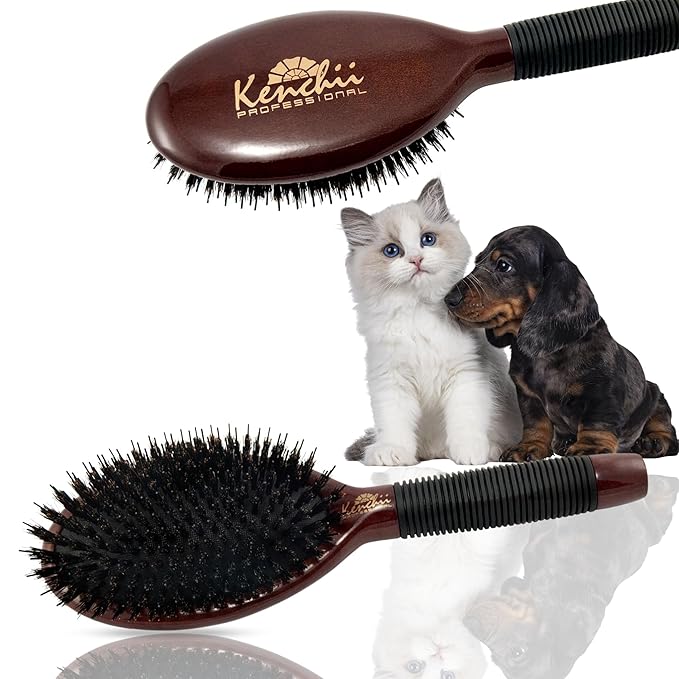 Kenchii Boar and Nylon Bristle Brush for Dog and Cat, Professional Grooming Brush with Maple Body, Lightweight, Non-Slip Rubber