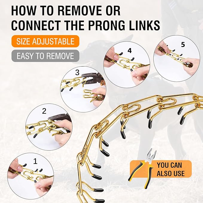 Dog Pinch Collar Stainless Steel,Gold Prong Dog Training Collar,No Pull Martingale Collar Stainless Steel Metal Chain Collar,Adjustable Size Collar for Medium and Large Dogs(S, Gold)
