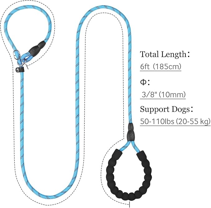 TagME Slip Leads for Dogs that Pull, 6 FT No-Pull Training Leash with Lock, Escape-Proof Design, Reflective & Padded Handle for Medium Dogs, Blue