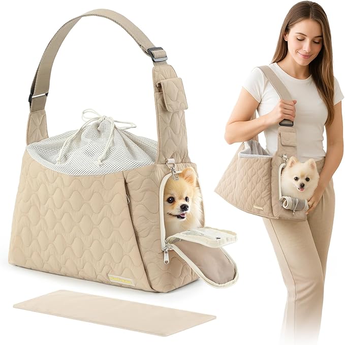 Dog Carrier Sling for Small Dogs, Front Cat Sling & Cats Up to 15 lbs, Dog Purse with Adjustable Strap Front Zipper Pocket, Double Safety Feature, Hands Free for Travel