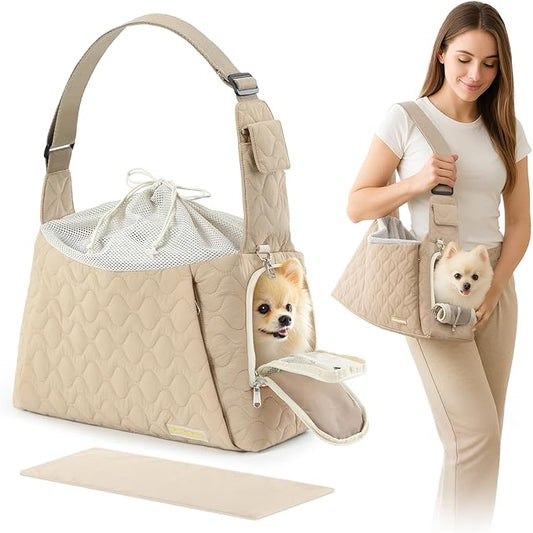 Dog Carrier Sling for Small Dogs, Front Cat Sling & Cats Up to 15 lbs, Dog Purse with Adjustable Strap Front Zipper Pocket, Double Safety Feature, Hands Free for Travel