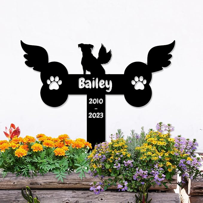 Custom Dog Paws Bone Memorial Grave Marker with Wings, Personalized Dog Memorial Grave Marker Metal Garden Stake Plaque for Dog Grave, Dog Memorial Garden Marker Pet Sympathy Gift