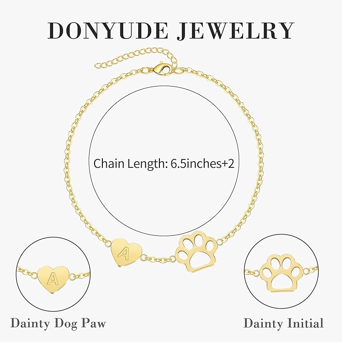 Dog Easter Mom Gifts for Dog Lover Initial Bracelet for Women with Heart Adjustable Pet Paw Gold Bracelets for Women Non Tarnish Memorial Gift for Pet Lover Birthday Jewelry