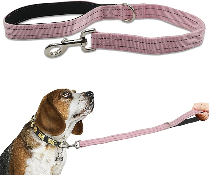 Nylon Short Leash 24 Inches Durable Dog Lead with Handle, Heavy Duty Dog Padded Handle and D-Ring for Control, Traffic 2FT Long for Small to Large Sized Dogs Training Leash Pink