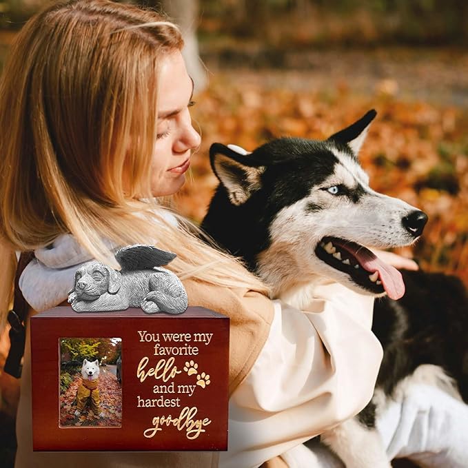 Dog Urn - Red Wooden Urns for Ashes Cremation Urn Box Keepsake Comes with Dog Angel