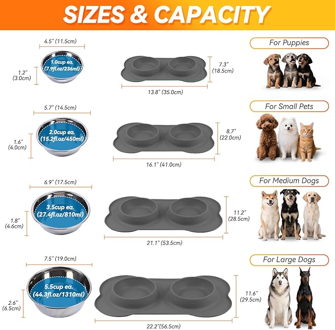 VIVAGLORY Dog Bowl Splashfree Pet Bowl, Dog Dish with Silicone Mat Placemat for Messy Eater, Double Stainless Steel Food Water Feeding Set Dishwasher Safe Spill Proof for Pet, S, Mint Green