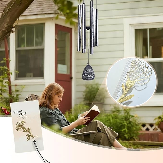 Pet Memorial Wind Chimes - Remembrance and Bereavement Gift for Loss of Dog/Cat with Metal Rose Card, 26" Thicker Aluminum Tubes(0.75") Weatherproof Outdoor Keepsake for Garden