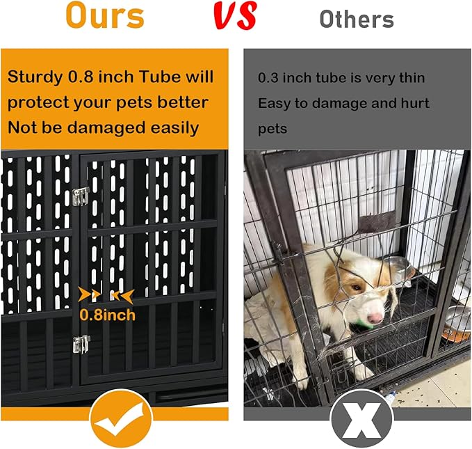 44 inch Heavy Duty Dog Crate with Wheels, Indestructible Escape-Proof Steel Pet Kennel for High Anxiety Large Medium Dogs, Chewproof Indoor Double Door Dog Kennel with 2 Trays, 3 Locks, XL