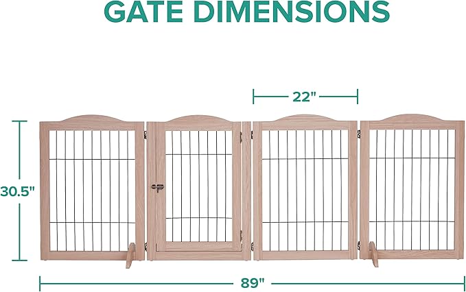 Arf Pets Dog Gate with Walk Through Door, 4 Panel 360° configurable Freestanding Wooden Wire Fence, 80" Wide, 31.5" Tall, Foldable, Support Feet Included, for The House - Indoor Use