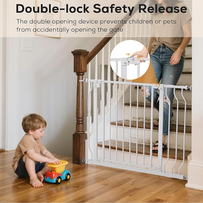 29-43" Baby Gate for Stairs, Baby Safety Essentials, Auto Close Gate for Doorways, Easy Install Pressure Mounted Dog Gate Indoor, Pet Gates for Dogs, White