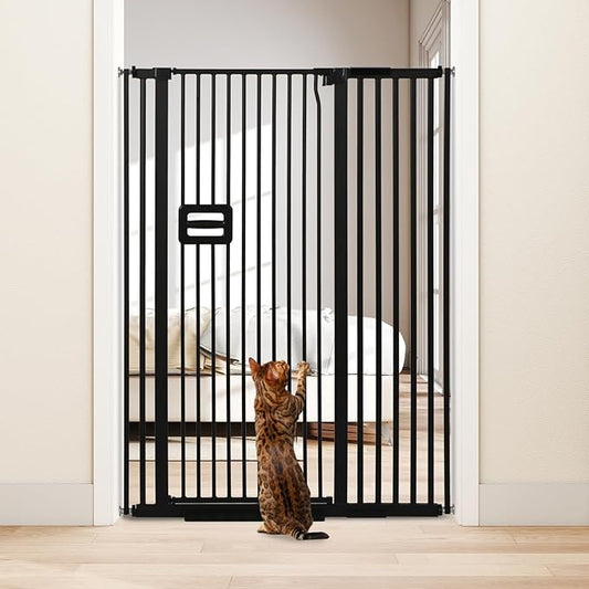 SMONTER 55" High Extra Tall Baby Gate, Safety Cat Gate for Doorways, Expands to 38.6"-42.5" Wide, Auto Close Dog Gate, No Drilling Pressure Mounted Cat Fence, Pet Gate Indoor for Stairs, Black