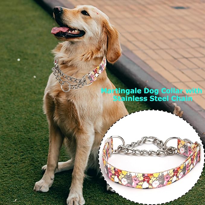 No-Pull Dog Training Collar with Chain, Choke Collar for Medium & Large Dogs - Cute Dog paw Design Pattern (Size Medium)