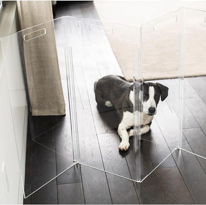 Hiddin Clear Acrylic Dog Gate - High Zig Zag Clear Pet Gate for Home 4 Panels - Sturdy Free-Standing Design - Modern Acrylic Dog Pen - Transparent Pet Gates for Home - Safe & Stylish