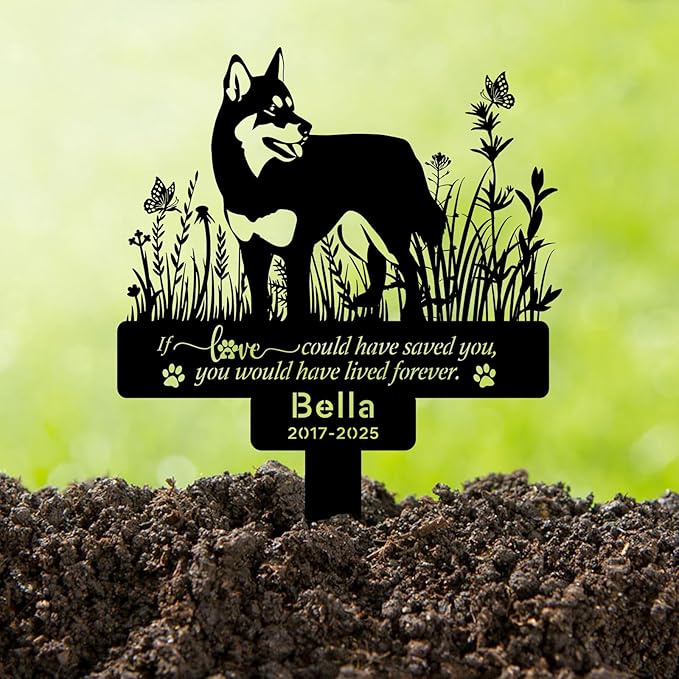 Personalized Husky Dog Memorial Grave Marker with Name & Date, Custom Metal Loss of Dog Headstone Pet Husky Plaque Burial Stake for Outdoors Cemetery Yard, Husky Sympathy Gifts