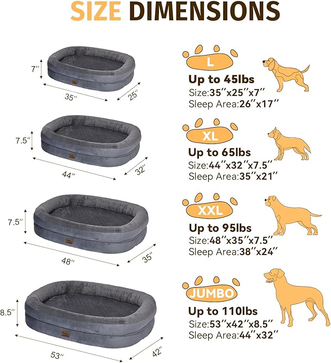 Orthopedic Washable Large Dog Bed: Waterptoof Dog Bed with Bolsters - Removable Cover Orthopedic for Large Sized Pet- Non-Slip, Dark Grey, 48" L x 35" W x 7.5" Th