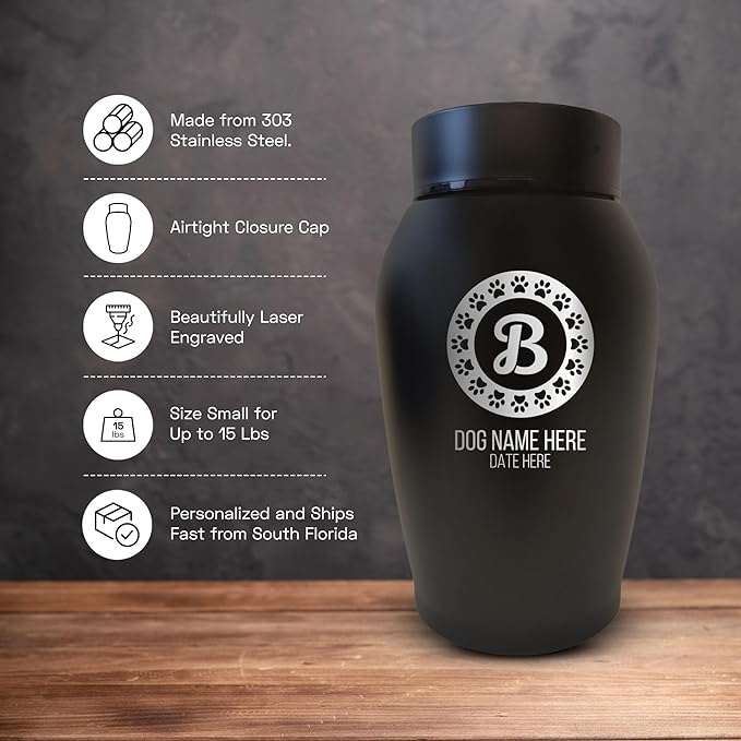 Personalized Custom Small Keepsake Urn Engraved with Pet Name, Date, and Dog Design - 5.2" Black Powder Coated Steel Cremation Urn for Dogs Ashes | 12-16 lb Capacity, Paw Stamp