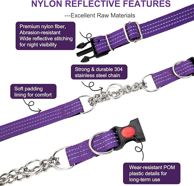 Martingale Collars,Reflective Dog Collar,Side Release Buckle,Adjustable Chain Training Pet Collars (Purple, S,Neck 10"-15")