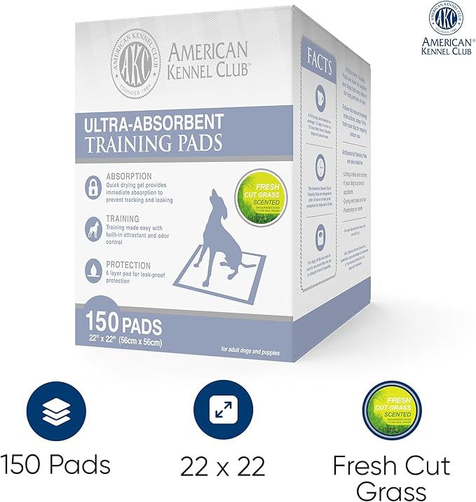 American Kennel Club Puppy Training Pads for Dogs, 150 Count, Fresh Cut Grass Scent, Absorbent Leak-Proof Dog Pee Pads in Box