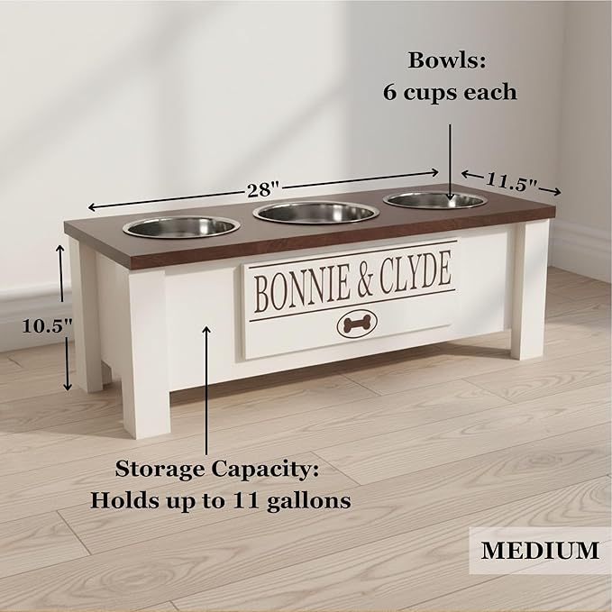 GTW Elevated 3 Bowl Dog Feeding Station - Customized Triple Stand for Medium Size Dog Breeds - Includes Storage & Stainless Steel Bowls (Medium, Pink)