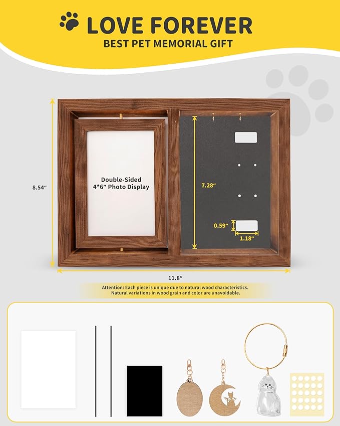 Dog & Cat 3-IN-1 Memorial Wooden Picture Frame Set, Lost Pet Sympathy Gifts with 360° Rotation Wooden Picture Frame for Two 4"x6" Photos, Pet Memory Gifts for Dog/Cat Passing
